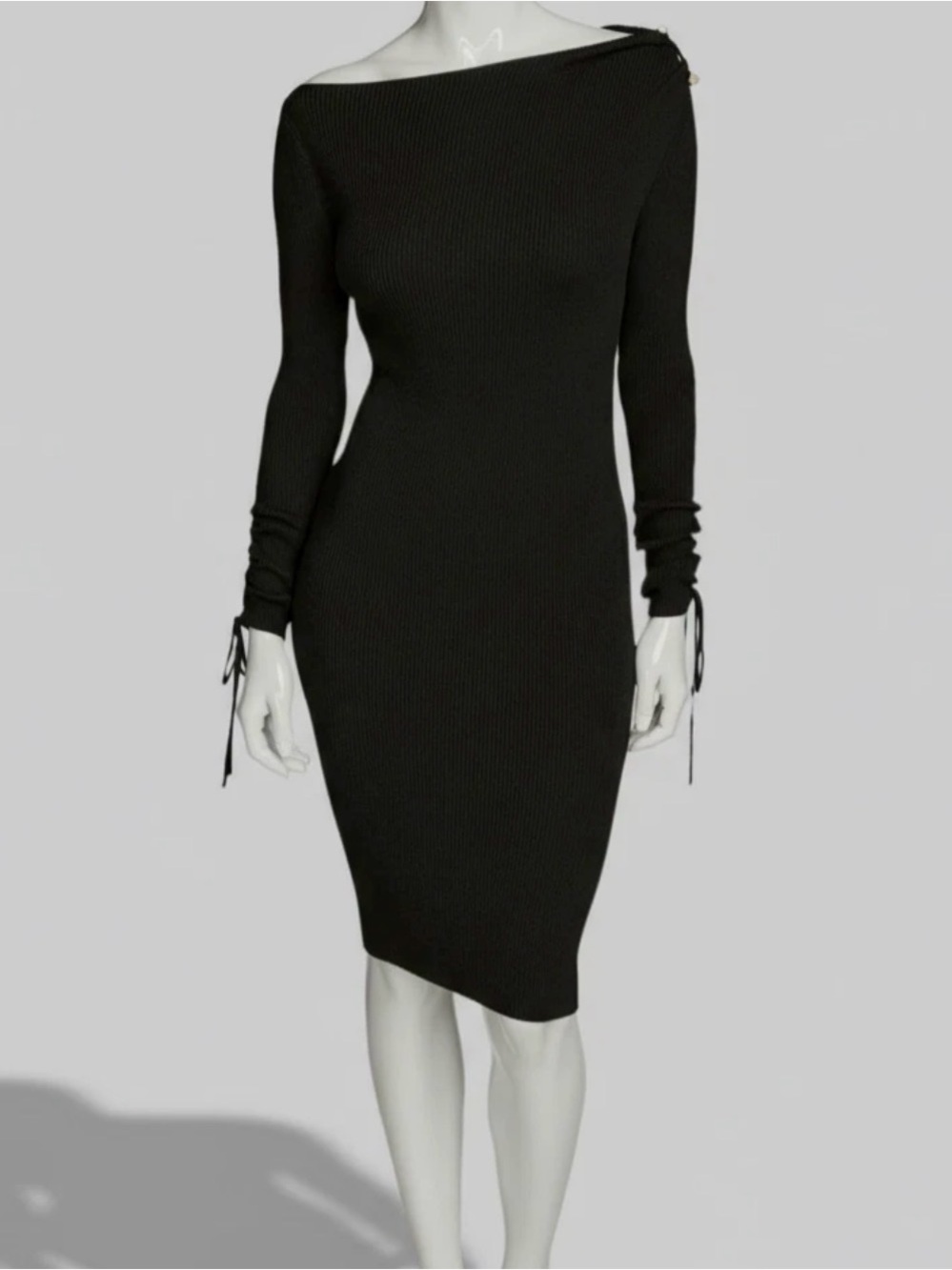 Women’s Black Off-Shoulder Long Sleeve Bodycon Ribbed Sweater Dress